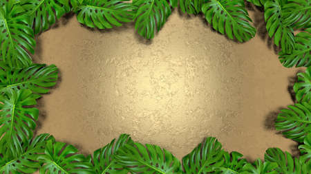 3D render of realistic monstera leaves on gold  for cosmetic ad or fashionの写真素材