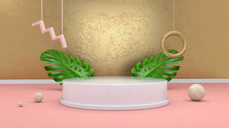 3d render abstract  with podium, spheres, golden elements and palm leaves in minimal pink Memphis design style.の写真素材