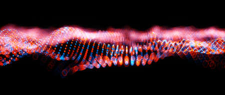 Abstract big data futuristic light wallpaper background design. Science dark pattern with structure mesh and circles. Modern business space dots illustration with bokeh. 3D renderの写真素材