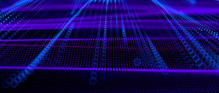 Abstract big data futuristic light wallpaper background design. Science dark pattern with structure mesh and circles. Modern business space dots illustration with bokeh. 3D renderの写真素材