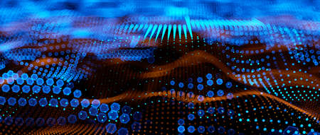 Abstract big data futuristic light wallpaper background design. Science dark pattern with structure mesh and circles. Modern business space dots illustration with bokeh. 3D renderの写真素材