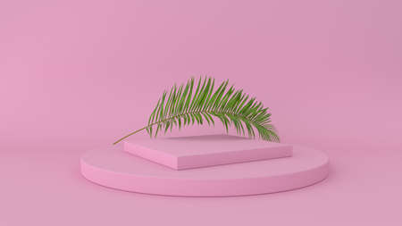 3D render of abstract platform with palm leave.の写真素材