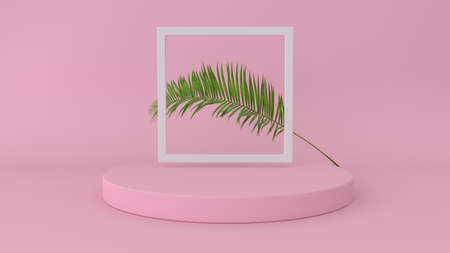 3D render of abstract platform with palm leave.の写真素材