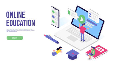 Online education concept. 3d isometric flat banner design. For web, infographic or print.のイラスト素材