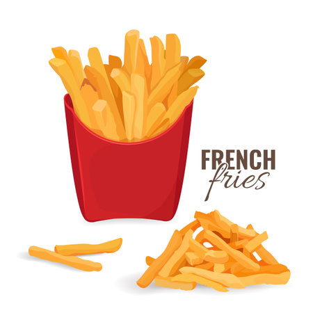 French fries potatoes in red paper carton package box.