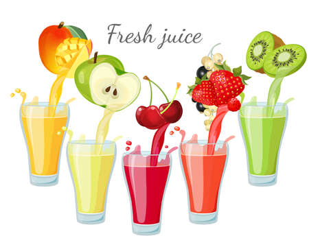Different fruit juices in glasses with splashes.のイラスト素材