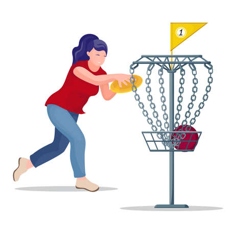 Woman throwing a  disc to the basket.のイラスト素材