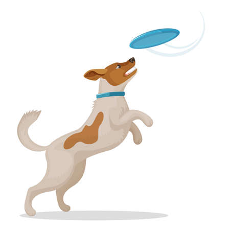 Jumping dog is catching a blue  discのイラスト素材