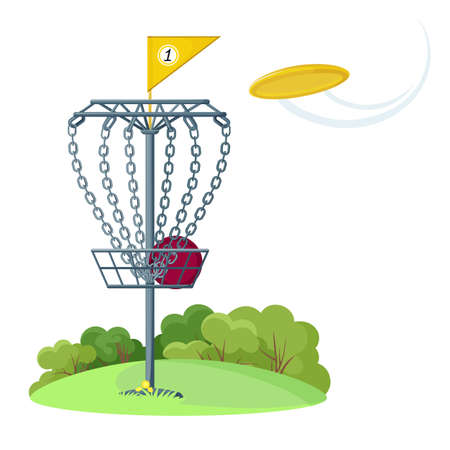 Disc golf basket with yellow flying  diskのイラスト素材