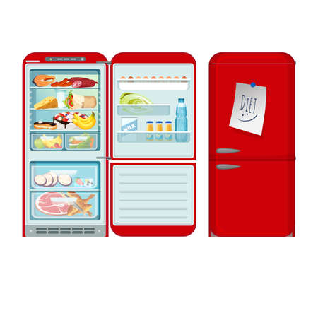 Red refrigerator with food in retro style.のイラスト素材