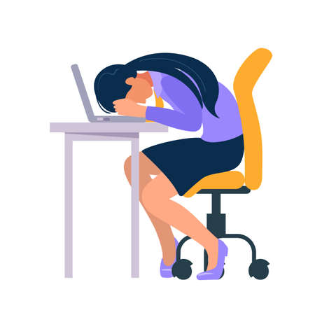 Stressed and frustrated concept with exhausted female business woman at office sleeping at the table. Cartoon vectorのイラスト素材
