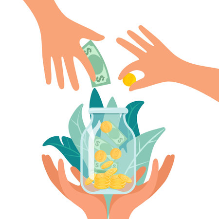 Fundraising, charity and money donation concept. Flat vector illustration for banner designのイラスト素材