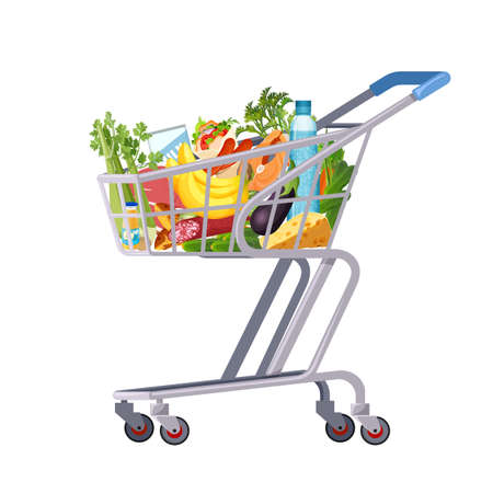 Full shopping cart of market food, grocery and products. Organic fruit, vegetables and supermarket products. Retail and supermarket trolley. Vectorのイラスト素材