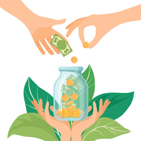 Fundraising, charity and money donation concept. Flat vector illustration for banner designのイラスト素材