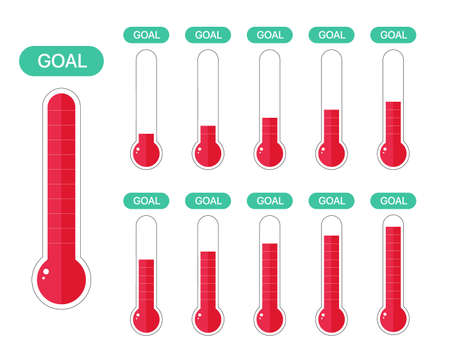Fundraiser and charity goal thermometer. Growth fund donation success icon set. Vectorのイラスト素材