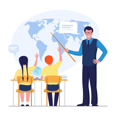 Geography student and teacher at the school. Child and education concept.のイラスト素材