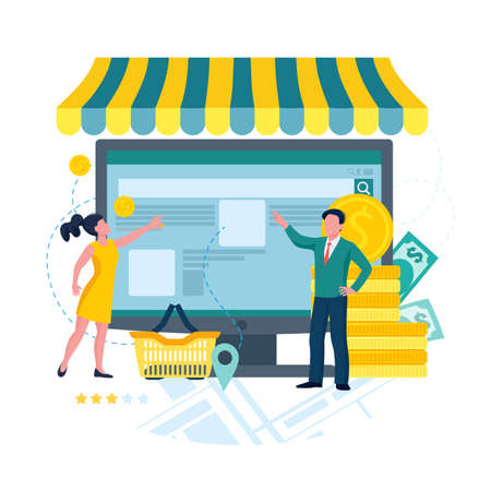 Store business online e-commerce concept. Man and woman buy product in internet shop. Vector illustrationのイラスト素材
