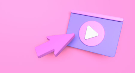Web page social media concept. Video play icon illustration on background. 3D render