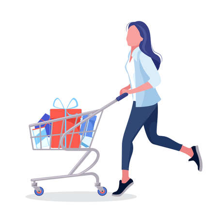 Girl carry a bag. Woman drive a shopping basket with lots of purchased goods. Vectorのイラスト素材