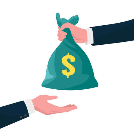 Give money concept. Hand giving dollars to other hand. Business finance vector illustrationのイラスト素材