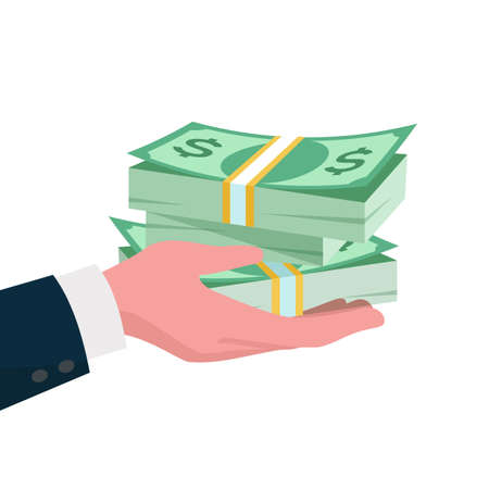 Give money concept. Hand giving dollars to other hand. Business finance vector illustrationのイラスト素材
