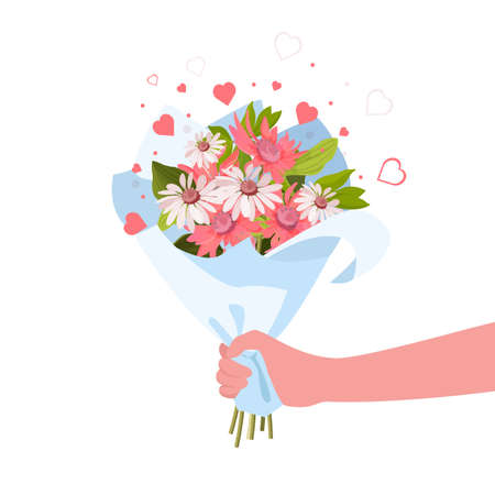 Person giving flowers bouquet. Romance and gift concept. Vectorのイラスト素材