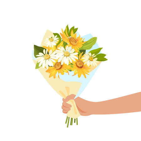 Person giving flowers bouquet. Romance and gift concept. Vectorのイラスト素材
