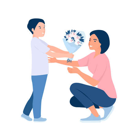Giving flowers to mom. Mother day concept. Vectorのイラスト素材