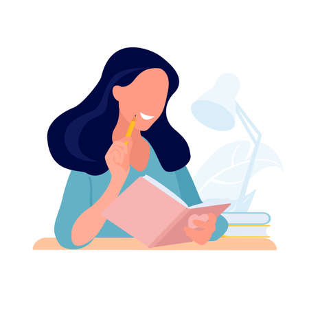 Journal writing. Girl diary. Student studying with book. Vectorのイラスト素材