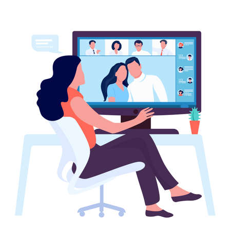 Video online conference. Person meeting with group of people. Team communication concept. Vectorの写真素材
