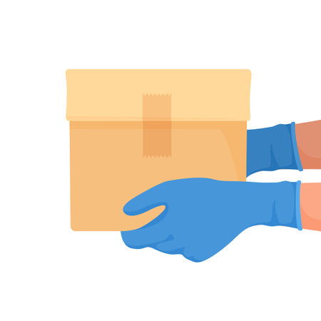 Courier delivered box with gloves on his hands. Food delivery in quarantine. Vectorのイラスト素材
