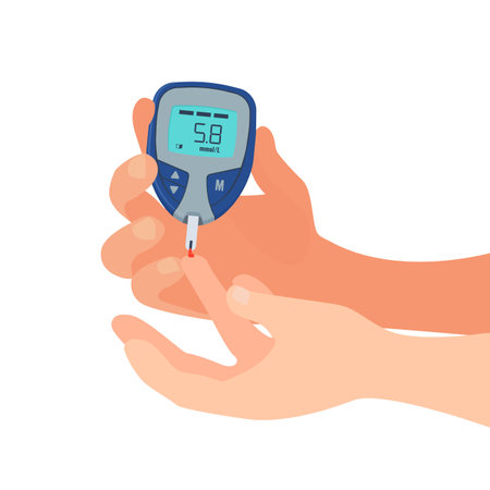 Person do glucose test. Measuring sugar in blood concept. Vectorのイラスト素材