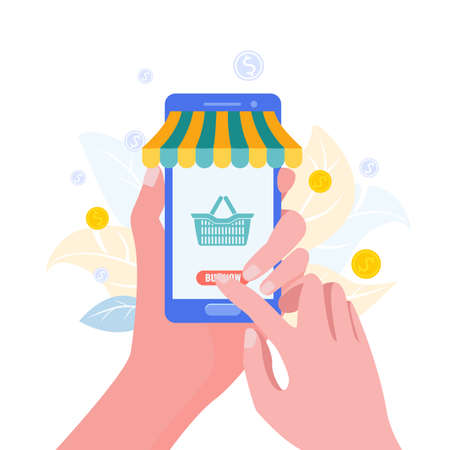 Shopping online with website or mobile application concept. Sale and buy in internet. Vectorのイラスト素材