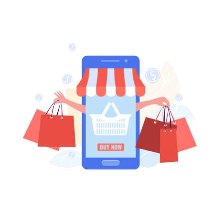 Shopping online with website or mobile application concept. Sale and buy in internet. Vectorのイラスト素材