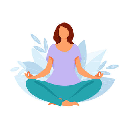 Woman meditate in yoga pose. Person doing meditation for relax and health. Vectorのイラスト素材