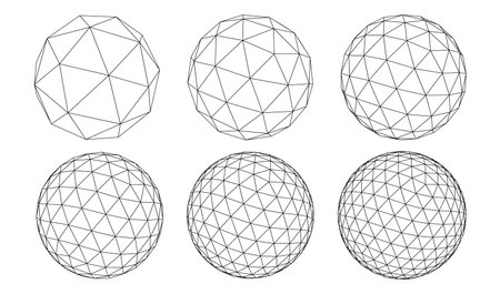 3d geometric circle sphere wireframe set for abstract digital and background shape concept. Round black lines for design element and network technology ball idea. 3d modern dot science art.のイラスト素材