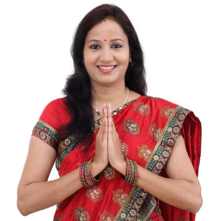 Traditional Indian woman woman greeting Namasteの写真素材