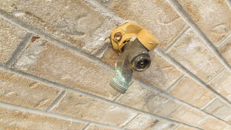 Water spigot with missing handle on brick wallの写真素材