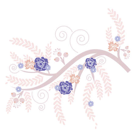 Retro Purple Blooming Tree with Blue and Pink Flowersのイラスト素材