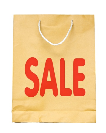 Brown paper shopping bag with Sale 50 %  text isolated on white background.の写真素材
