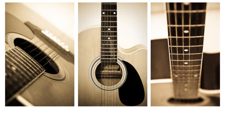 Acoustic guitar close up , shallow depth of field vintage style photo .