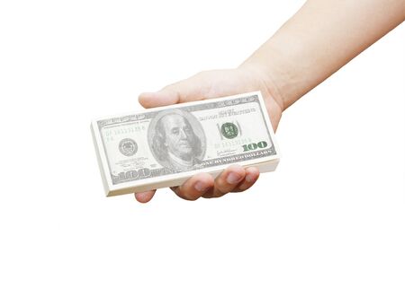 hand of a man holding 100 dollar bills isolated on a white backgroundの写真素材