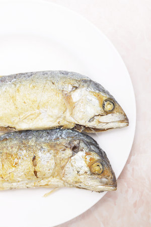 fried mackerel fishes on white plateの写真素材