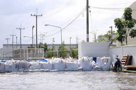 CHONBURI THAILAND - Oct 18,2013    Sand bag infront of factory  Water flooding attack to Amata Nakorn Industrial Estate in Chonburi Thailand のeditorial素材