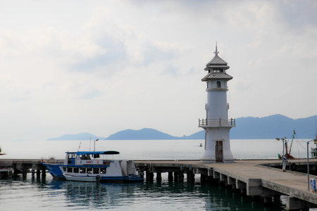 Bang Bao Pier Lighthouse with landscape backgroundの写真素材