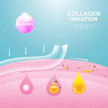 Collagen Solution Serum Drop and Vitamin Background Skin Care Cosmetic concept.のイラスト素材