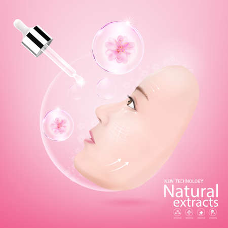 Collagen Sakura Serum and Vitamin Background Concept Skin Care.のイラスト素材