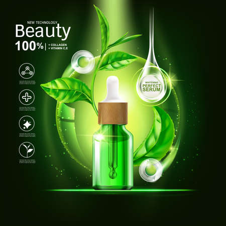 Collagen Serum and Vitamin Extract With Green tea leaf. Background for Skin Care Products.のイラスト素材