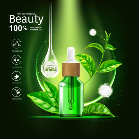 Collagen Serum and Vitamin Extract With Green tea leaf. Background for Skin Care Products.のイラスト素材
