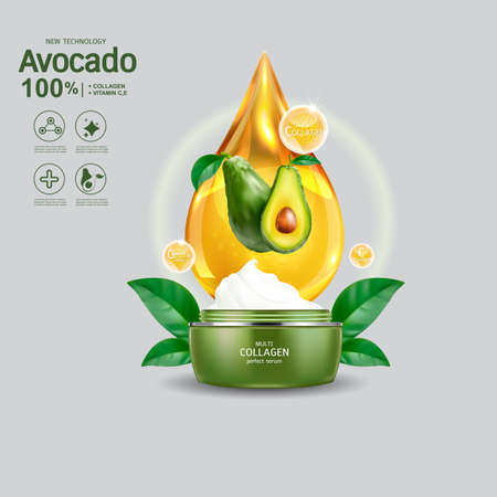 Avocado Collagen Solution Serum and Vitamin Background Skin Care Cosmetic Vector concept.のイラスト素材